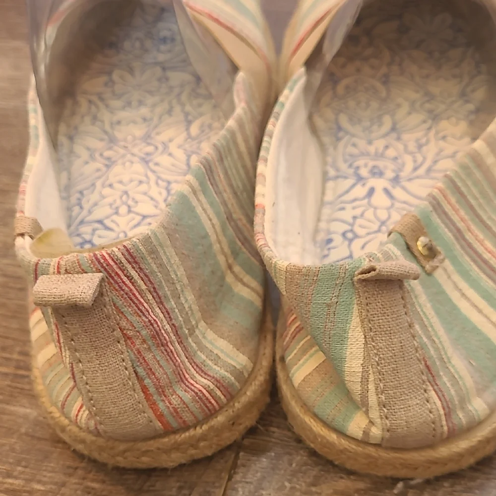 ROXY Size 8.5 Teal Cream Striped Espadrille Flat Slip On Shoes